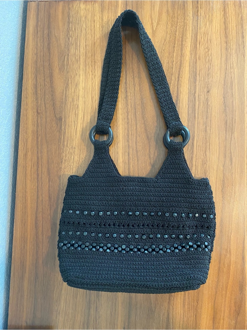 Black Crochet Beaded Shoulder Bag